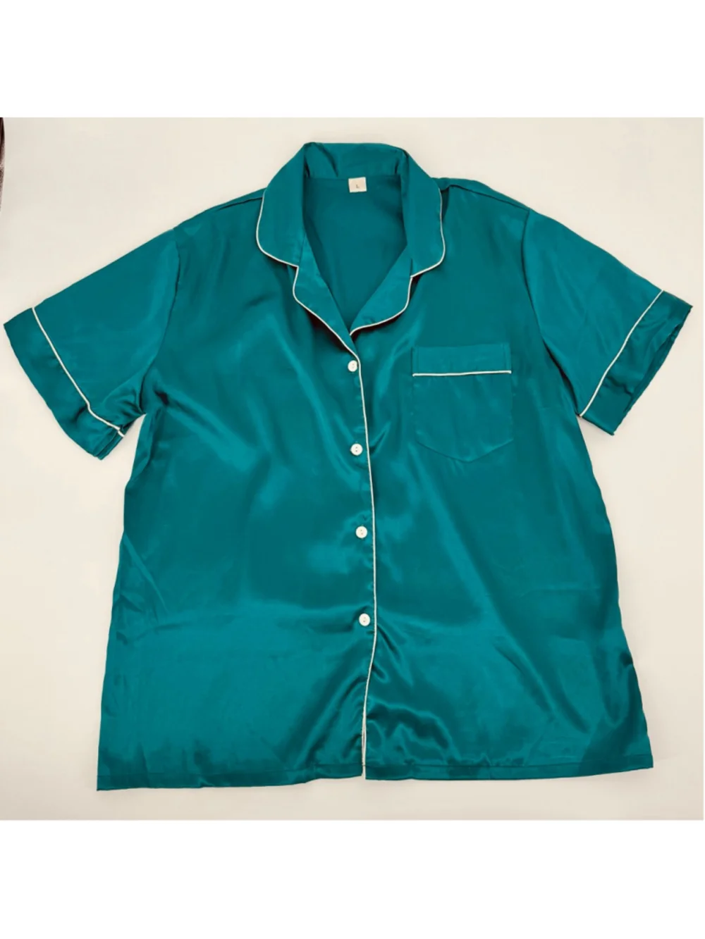 Swomog Teal Green & White Satin Pajama Set L Button Down Short Sleeve